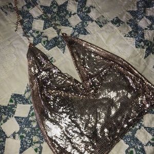 Rose Gold Rhinestone Plunge Clipping Crop Top